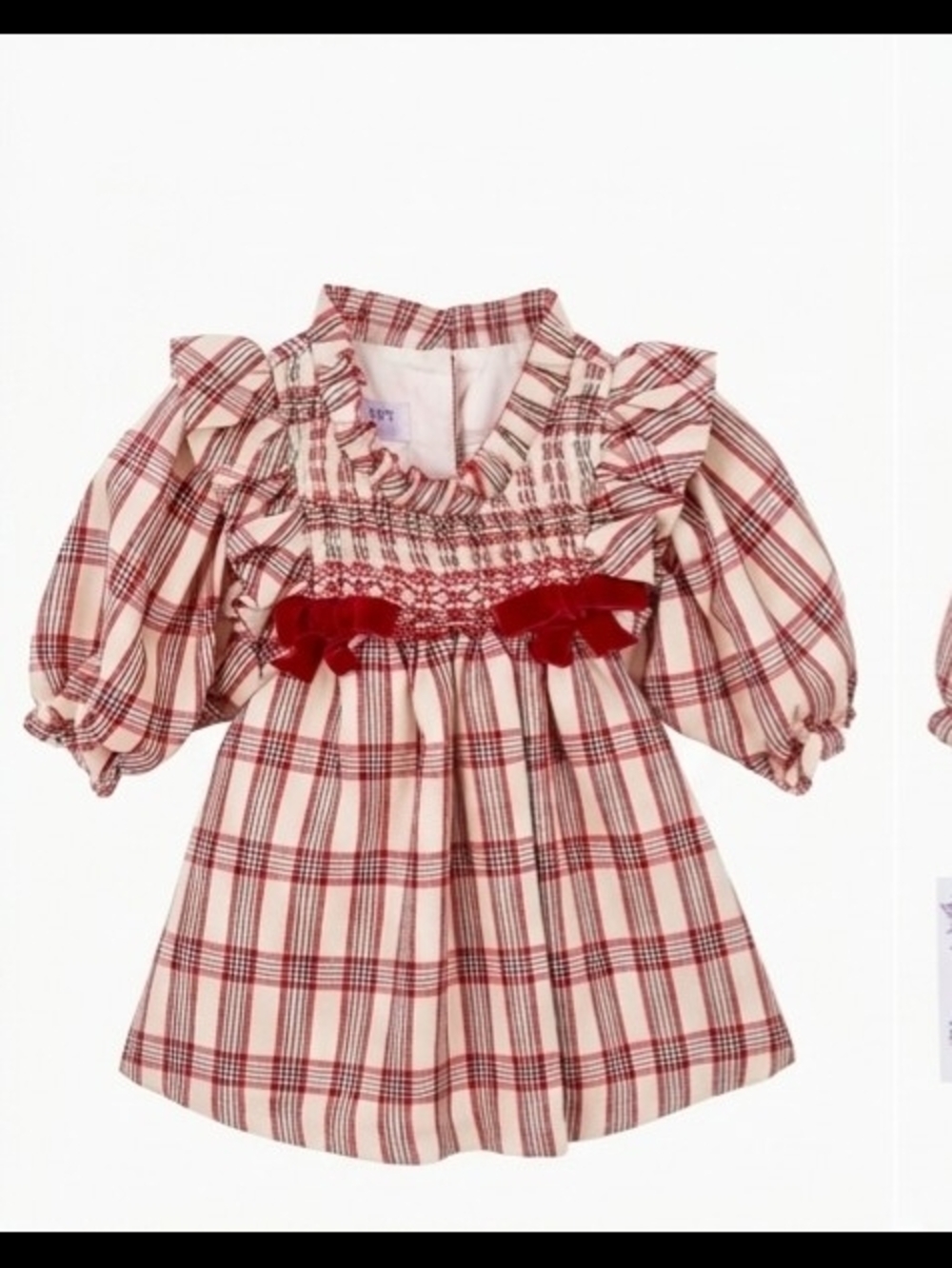 iris & ivy Red and Cream Plaid Smocked Dress with Velvet Bows